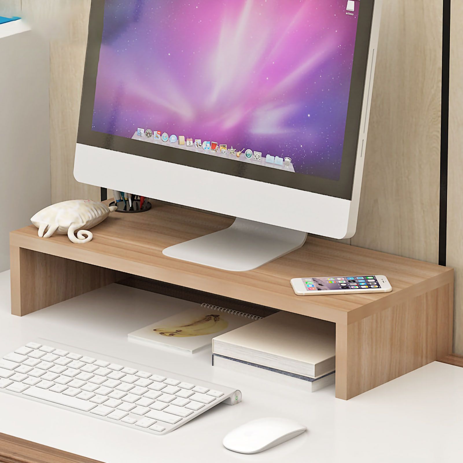 Monitor Stand Riser Ergonomic Computer Monitor Riser Stand Extra Storage Space Desktop Notebook Elevated Base Light Walnut - Image 1