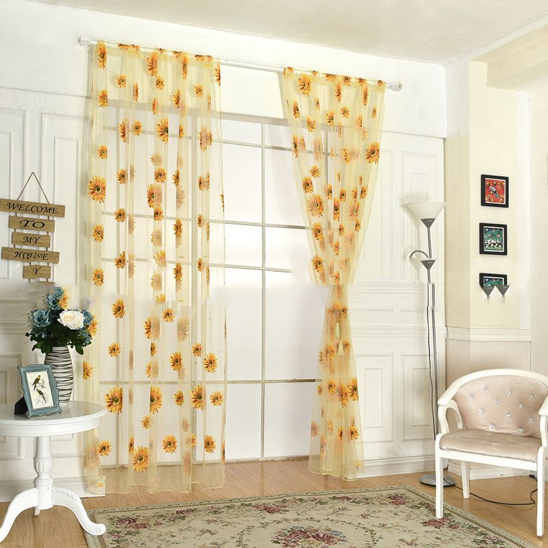 Sunflower Pattern Curtain Home Decoration Polyester Fibre Window Tulle Curtain Flower Organza Curtain Yellow 100x200cm/39.37x78.74in - Image 1