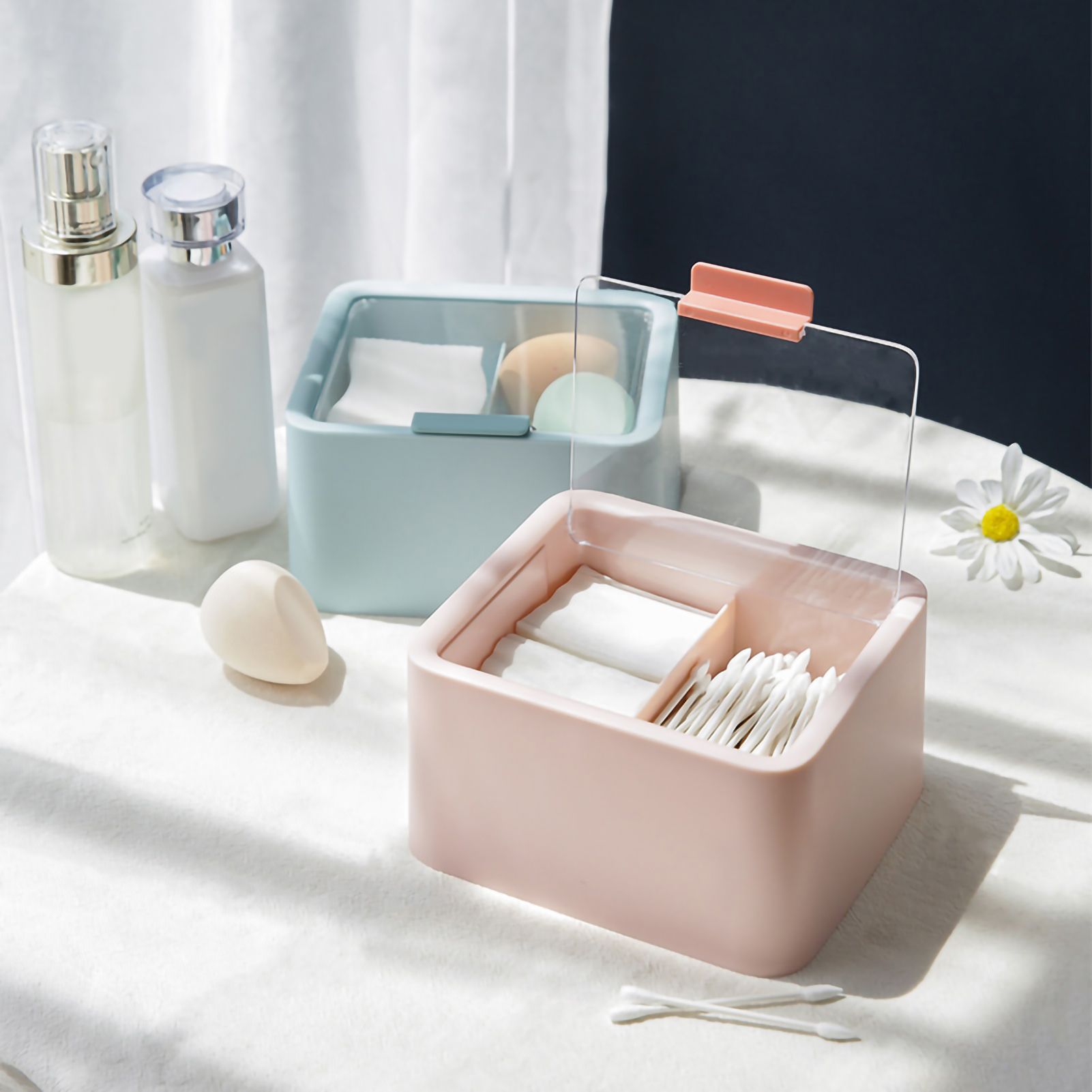 Cosmetic Storage Box Plastic Dustproof Double Grids Makeup Container with Lid for Makeup Cotton Swab Dental Floss Pink - Image 5