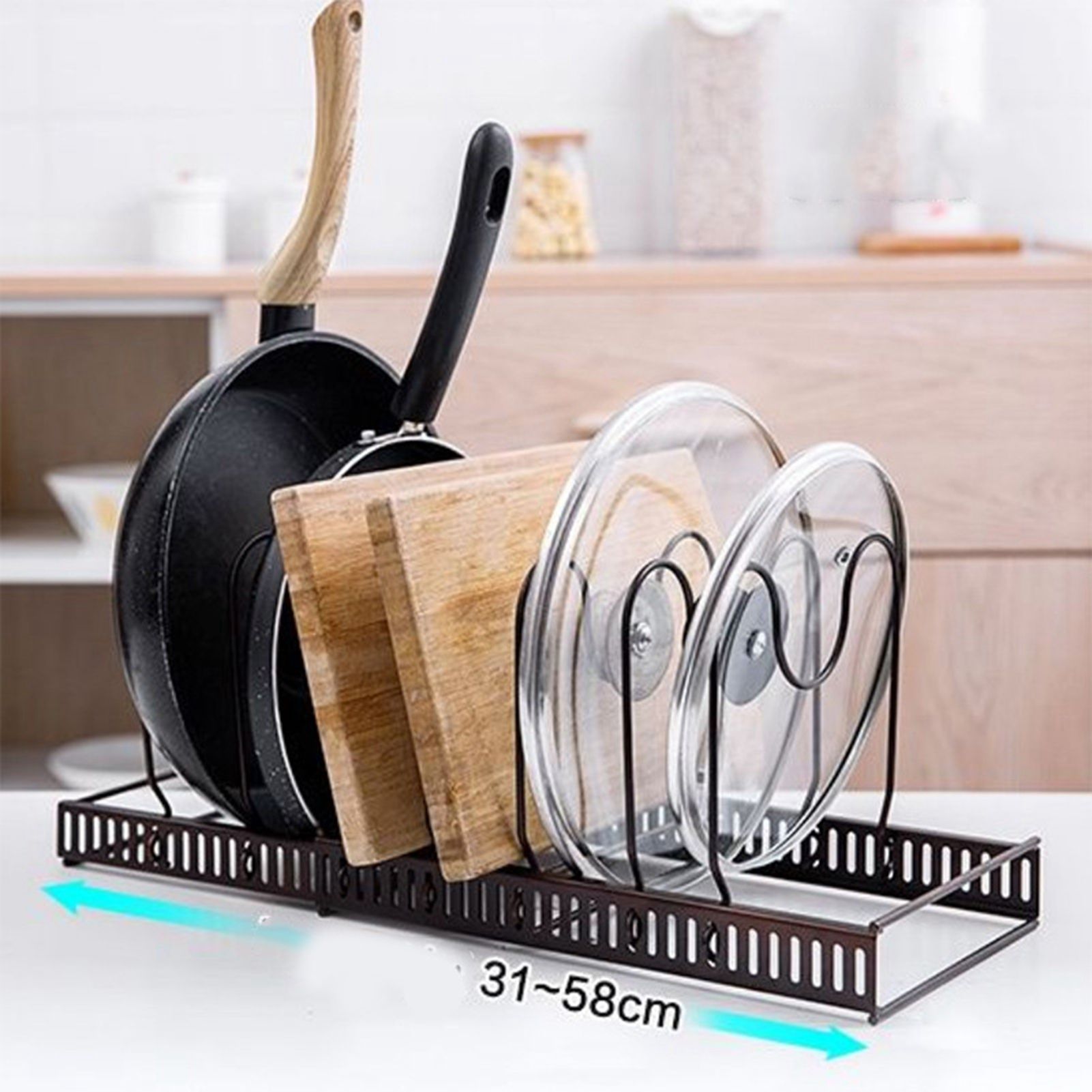 Pot Lid Rack Iron Retractable Pot Lid Organizer Holder for Multiple Cookware Universal Black - Image 1