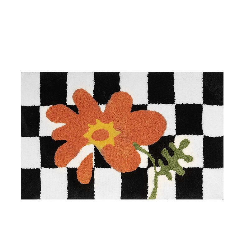 Checkered Doormat Anti Skid Black White Grid Cute Door Mat for Bathrooms Kitchens Living Rooms Orange Flower 50x80 - Image 2