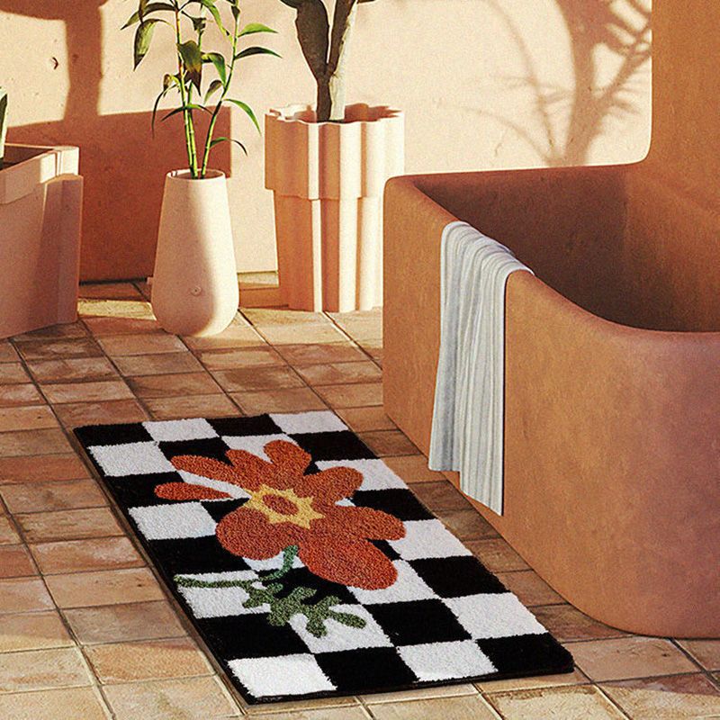 Checkered Doormat Anti Skid Black White Grid Cute Door Mat for Bathrooms Kitchens Living Rooms Orange Flower 50x80 - Image 3