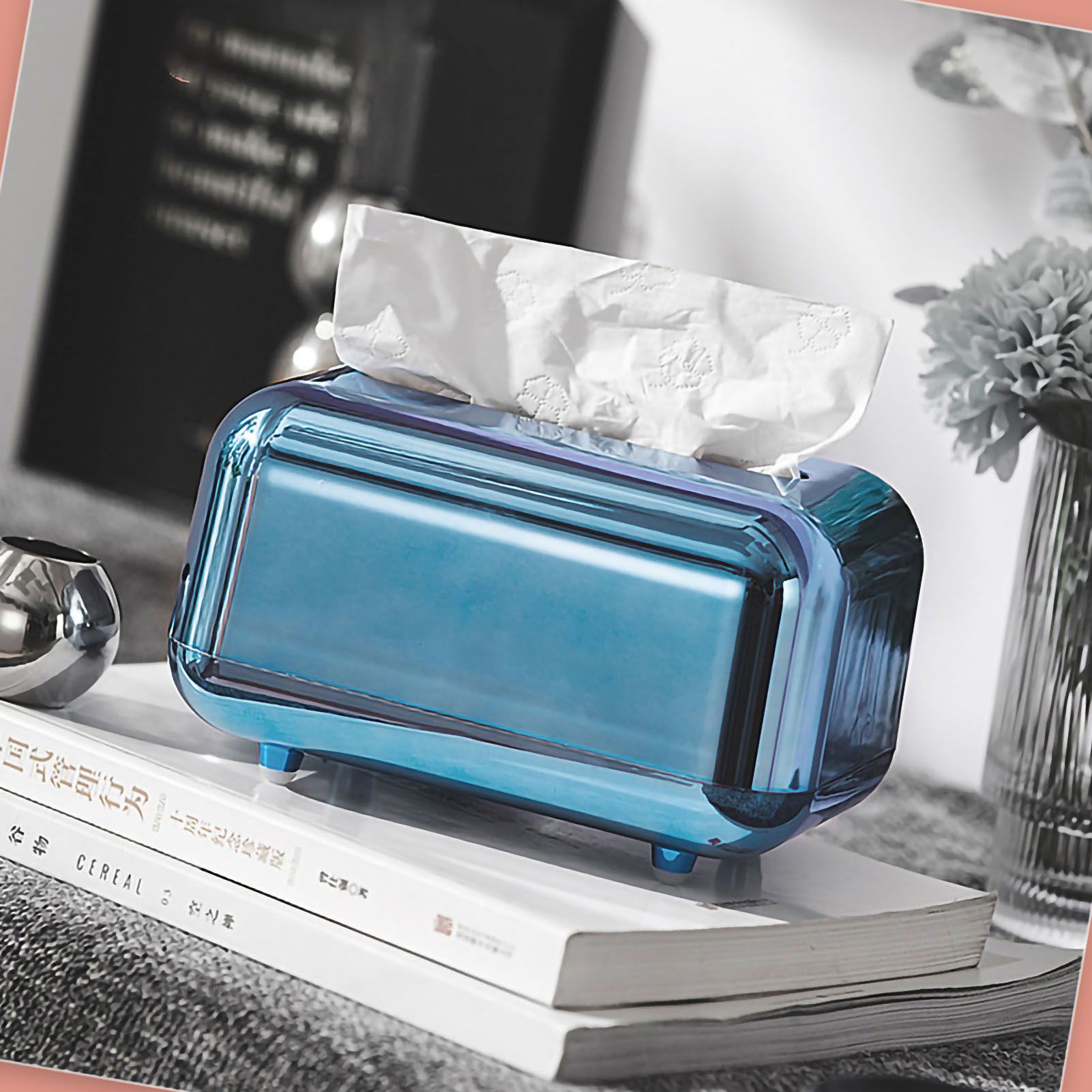 Tissue Storage Box Electroplated Magnetic Retro Built in Spring Facial Tissue Dispenser Box for Home Blue - Image 4