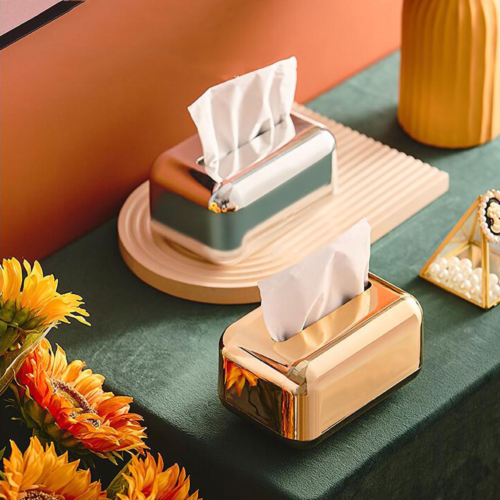 Tissue Storage Box Electroplated Magnetic Retro Built in Spring Facial Tissue Dispenser Box for Home Champagne Gold - Image 2