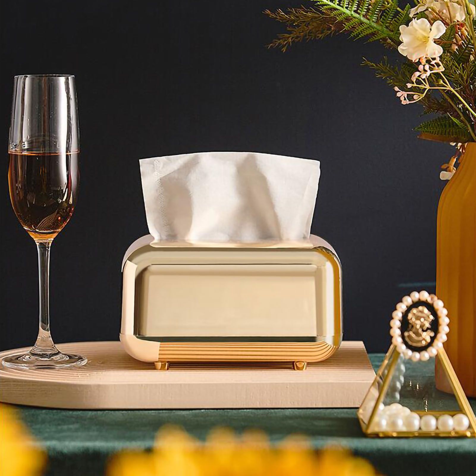 Tissue Storage Box Electroplated Magnetic Retro Built in Spring Facial Tissue Dispenser Box for Home Champagne Gold - Image 4