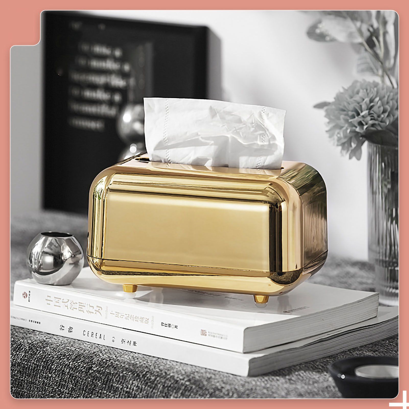 Tissue Storage Box Electroplated Magnetic Retro Built in Spring Facial Tissue Dispenser Box for Home Champagne Gold - Image 5
