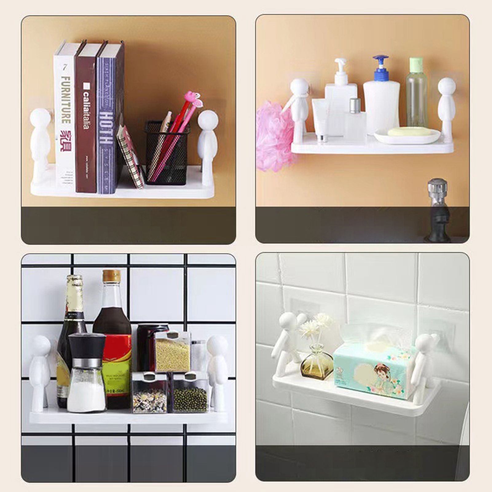 Wall Mounted Shelf Hole Free Installation Small Doll Shape Large Capacity Plastic Stable Load Bearing Storage Rack Grey - Image 6