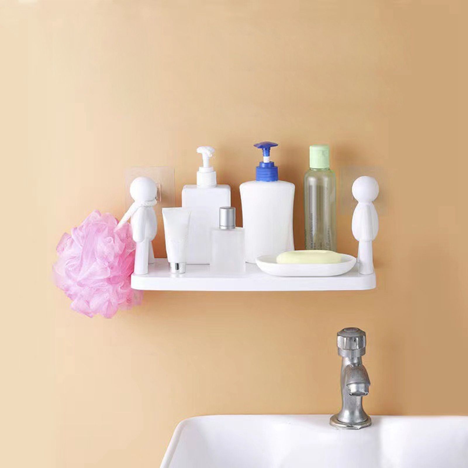 Wall Mounted Shelf Hole Free Installation Small Doll Shape Large Capacity Plastic Stable Load Bearing Storage Rack Grey - Image 7