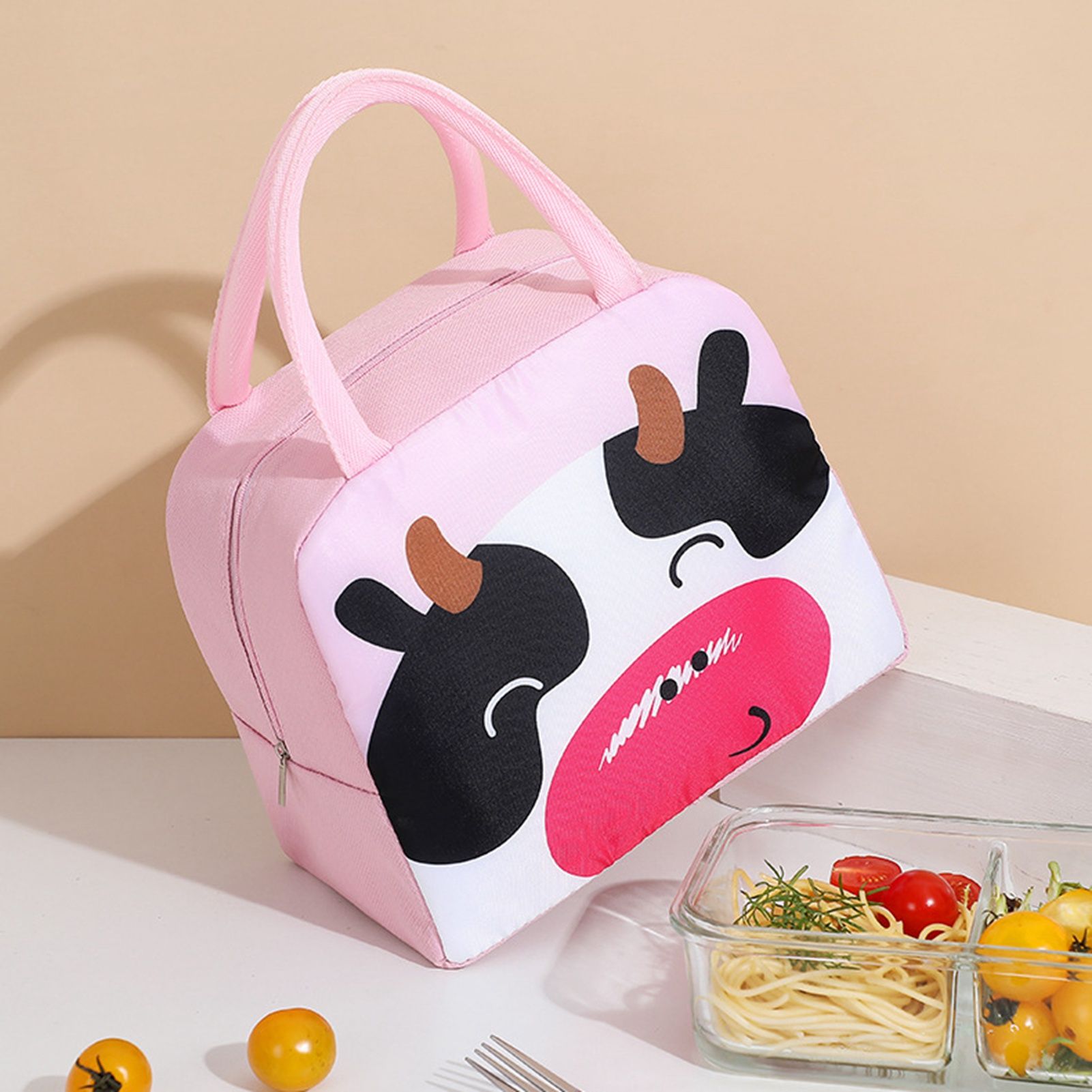 Thermal Bag Cartoon Large Capacity Heat Preservation Cute Lunch Bag for Children Pink Cow - Image 3