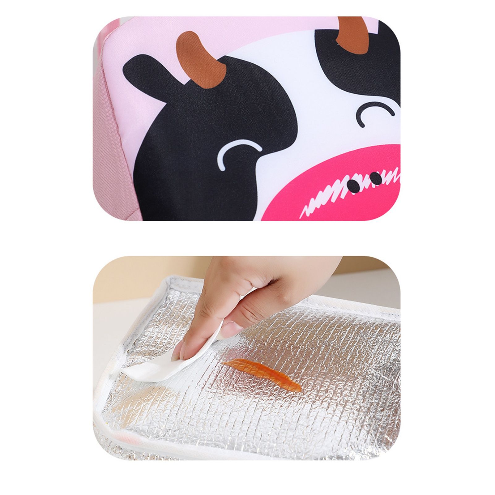Thermal Bag Cartoon Large Capacity Heat Preservation Cute Lunch Bag for Children Pink Cow - Image 4