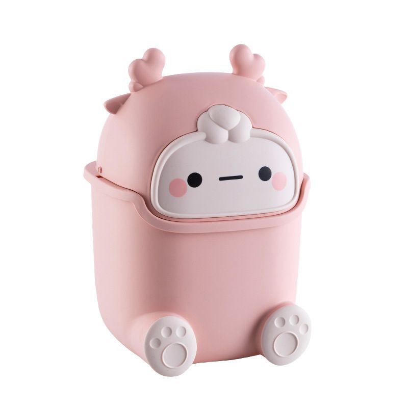 Desktop Trash Can Plastic Mini Lovely Living Room Dining Table Wastebasket with Lid for Home Pink Little Elk - Image 1