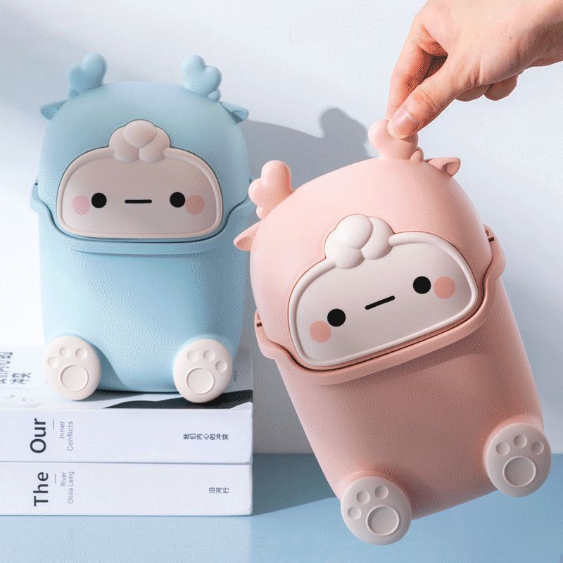 Desktop Trash Can Plastic Mini Lovely Living Room Dining Table Wastebasket with Lid for Home Pink Little Elk - Image 4