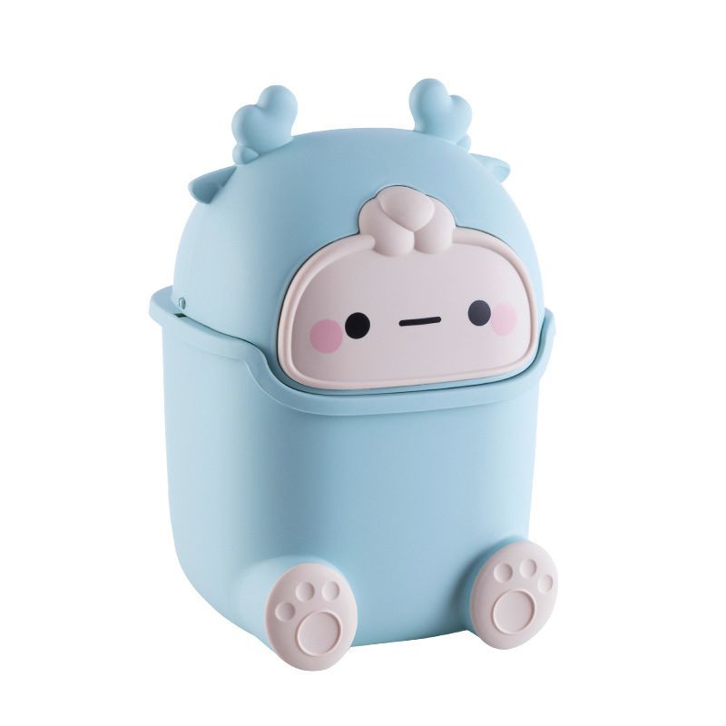Desktop Trash Can Plastic Mini Lovely Living Room Dining Table Wastebasket with Lid for Home Light Blue Little Elk - Image 1
