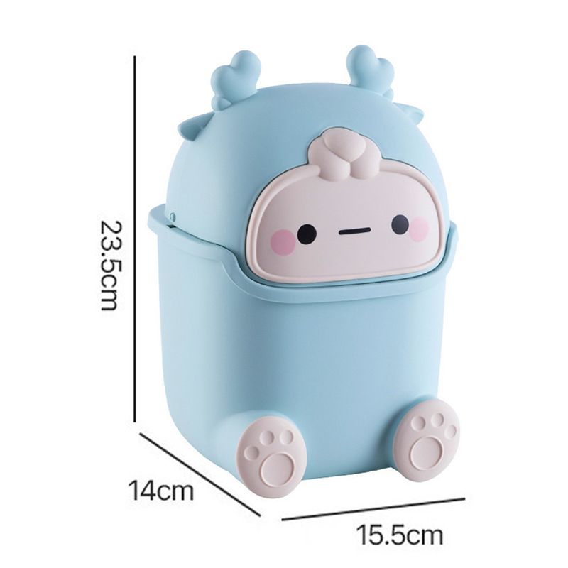 Desktop Trash Can Plastic Mini Lovely Living Room Dining Table Wastebasket with Lid for Home Light Blue Little Elk - Image 5