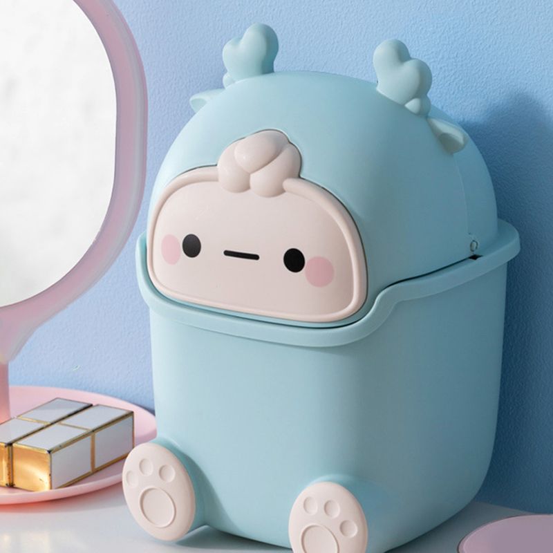 Desktop Trash Can Plastic Mini Lovely Living Room Dining Table Wastebasket with Lid for Home Light Blue Little Elk - Image 6
