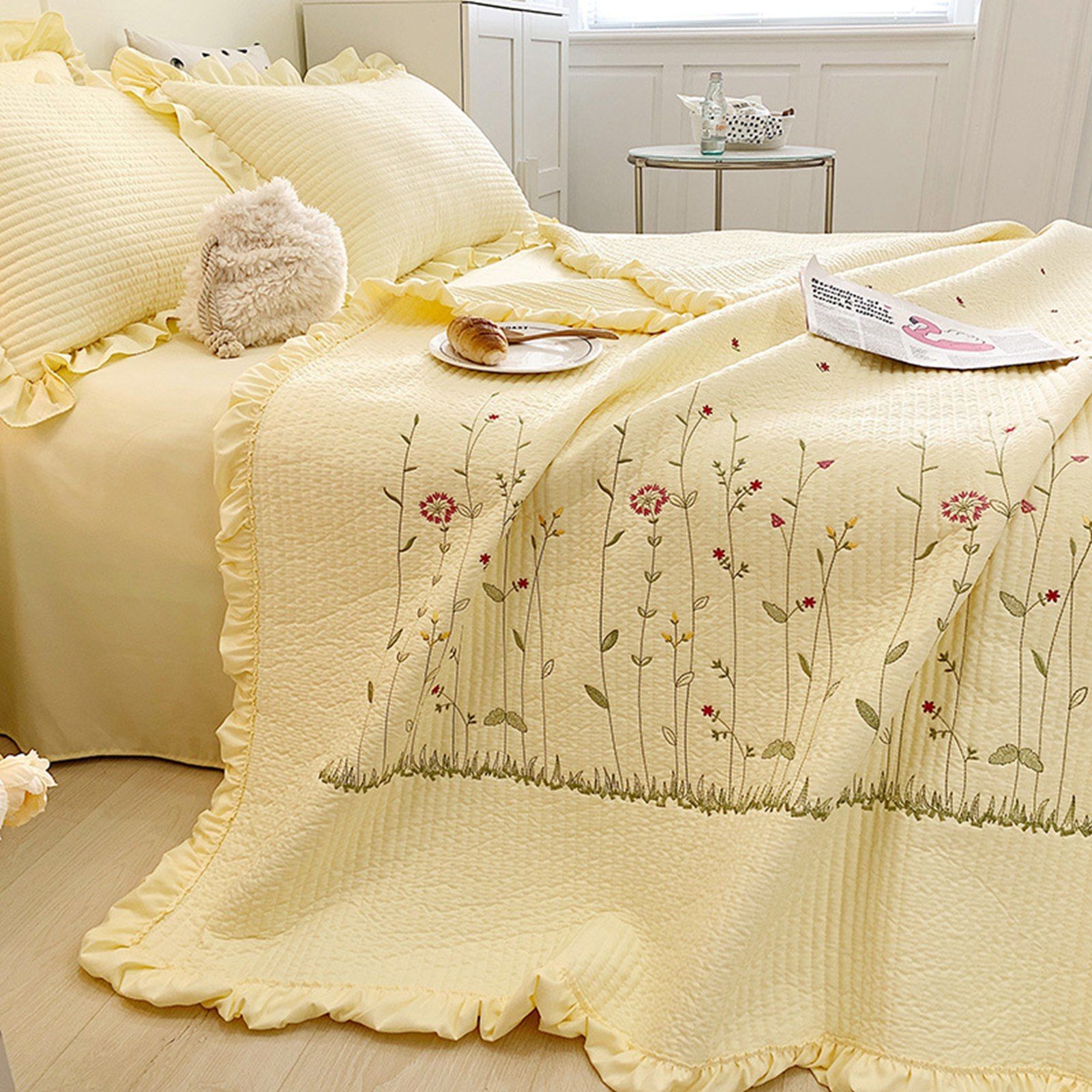 Cotton Quilt Pure Color Home Fashion Elegant Tencel Embroidery Pattern Cotton Summer Cooling Quilt Yellow 200x230 - Image 3