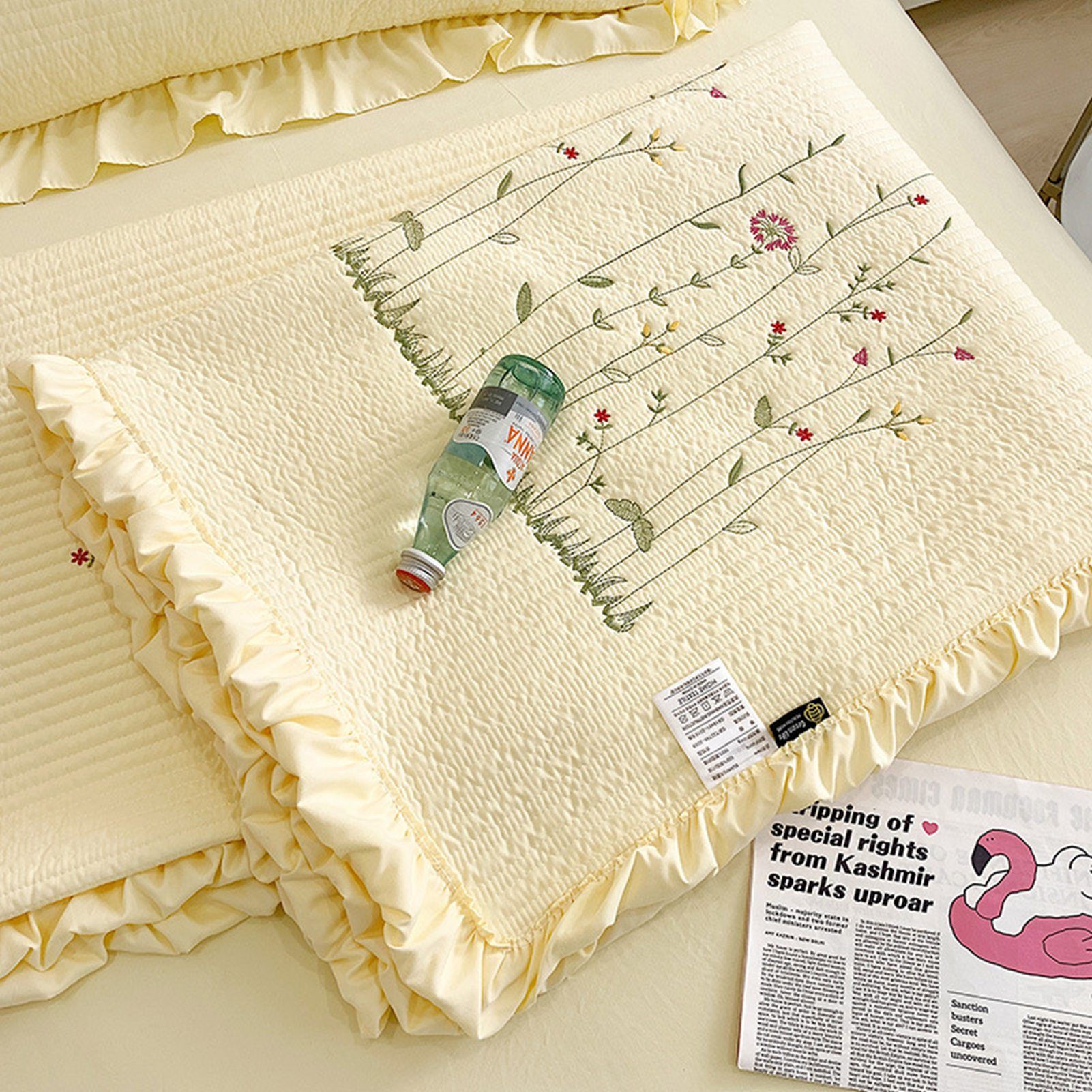 Cotton Quilt Pure Color Home Fashion Elegant Tencel Embroidery Pattern Cotton Summer Cooling Quilt Yellow 200x230 - Image 6
