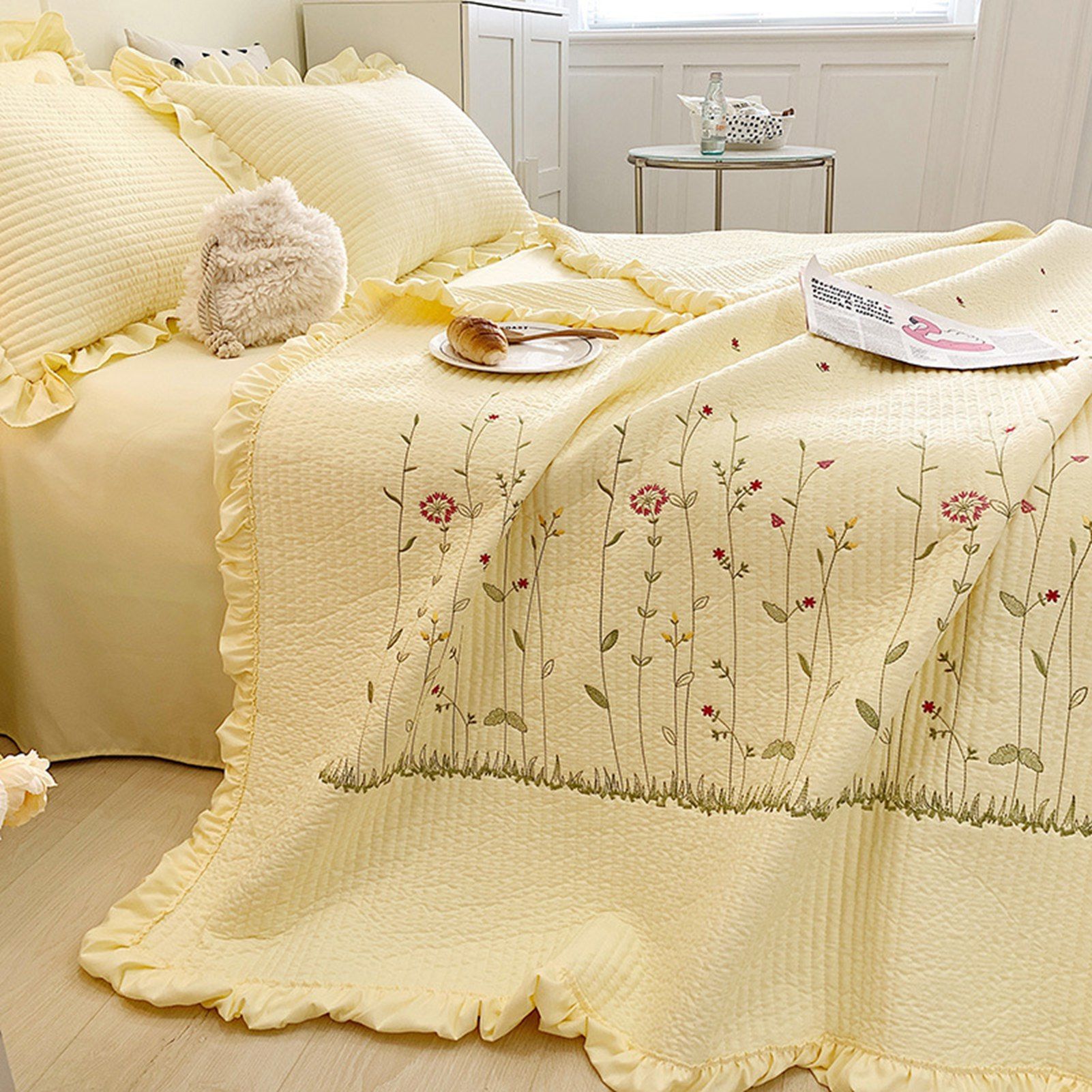 Cotton Quilt Pure Color Home Fashion Elegant Tencel Embroidery Pattern Cotton Summer Cooling Quilt Yellow 1 X Sheet 245x250cm - Image 1