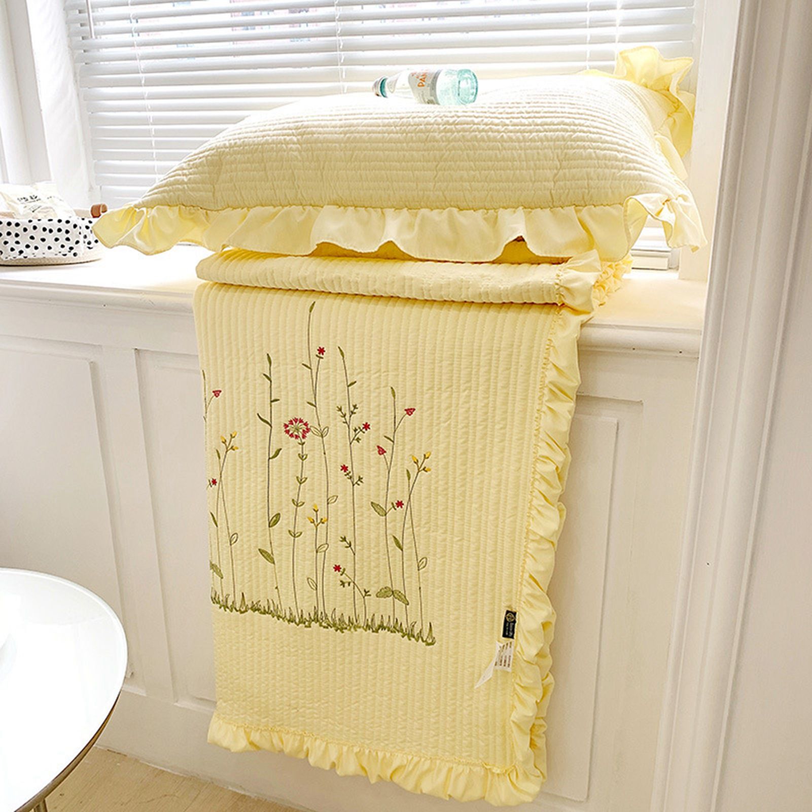 Cotton Quilt Pure Color Home Fashion Elegant Tencel Embroidery Pattern Cotton Summer Cooling Quilt Yellow 1 X Sheet 245x250cm - Image 2
