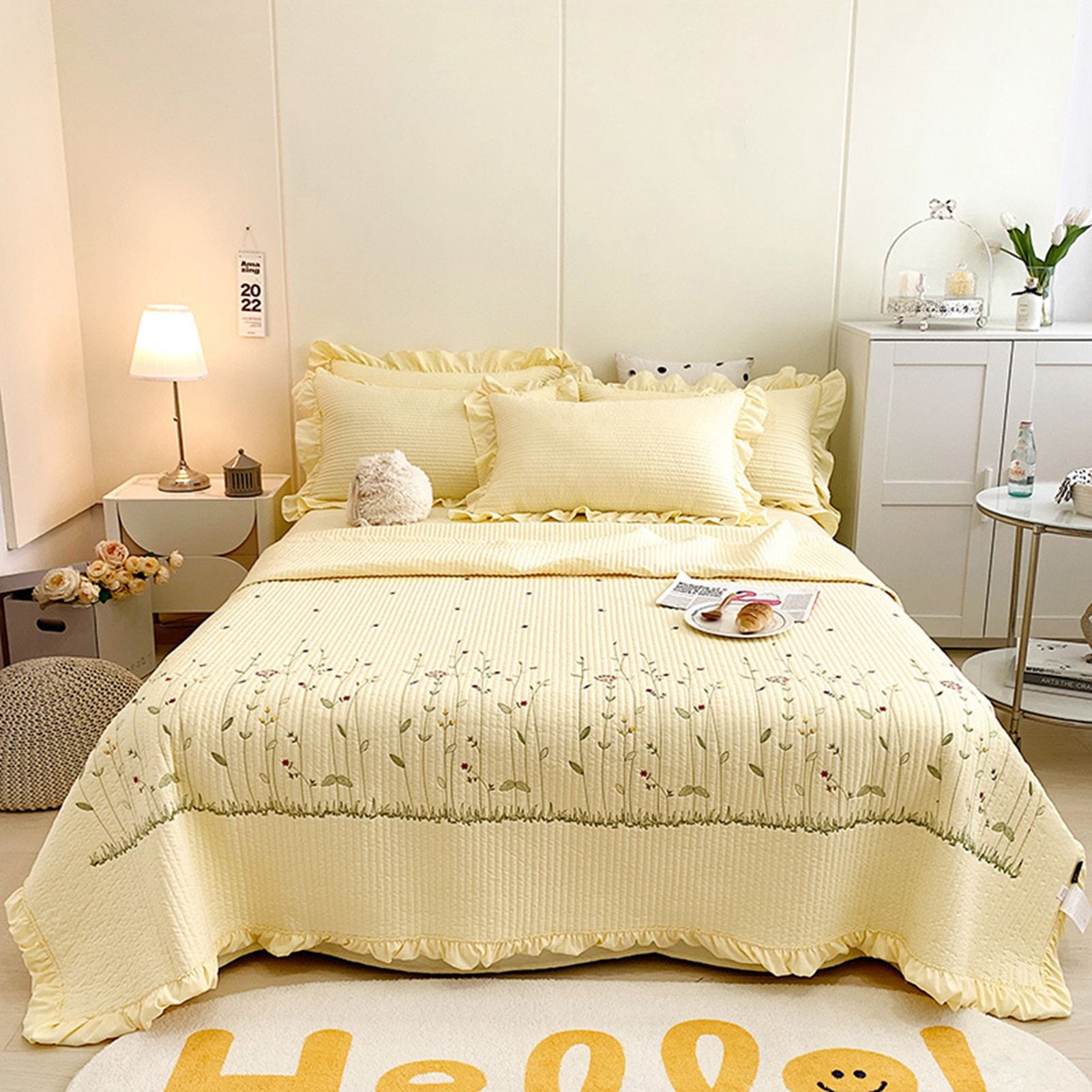 Cotton Quilt Pure Color Home Fashion Elegant Tencel Embroidery Pattern Cotton Summer Cooling Quilt Yellow 1 X Sheet 245x250cm - Image 4