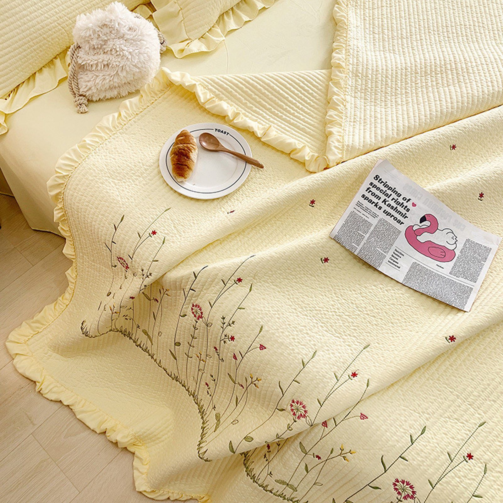 Cotton Quilt Pure Color Home Fashion Elegant Tencel Embroidery Pattern Cotton Summer Cooling Quilt Yellow 1 X Sheet 245x250cm - Image 5