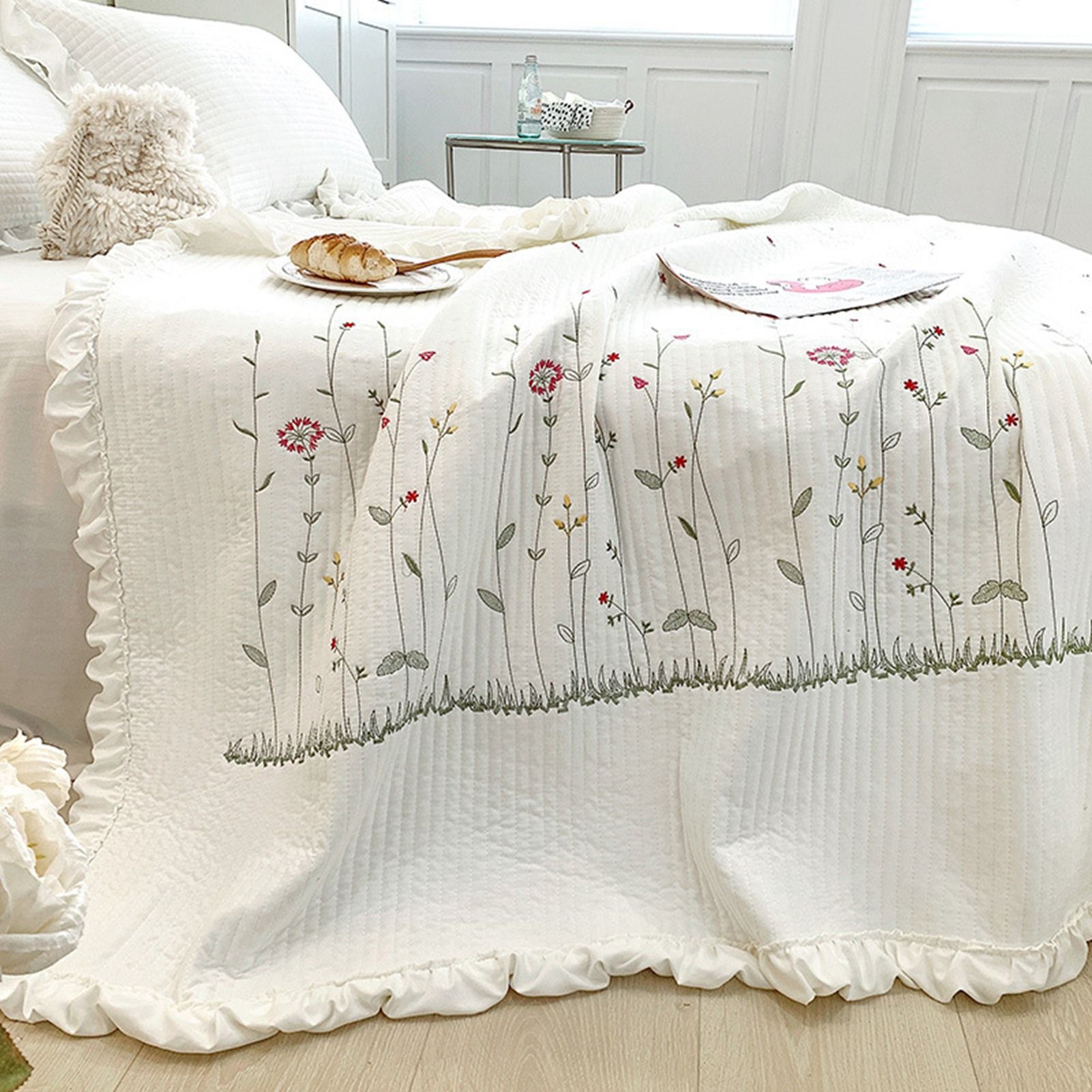 Cotton Quilt Pure Color Home Fashion Elegant Tencel Embroidery Pattern Cotton Summer Cooling Quilt White 200x230 - Image 2