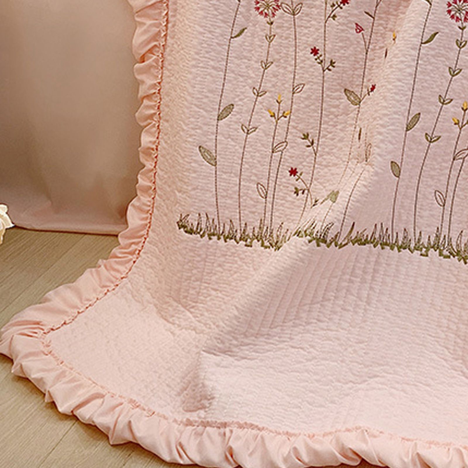 Cotton Quilt Pure Color Home Fashion Elegant Tencel Embroidery Pattern Cotton Summer Cooling Quilt Pink 1 X Sheet 245x250cm - Image 2