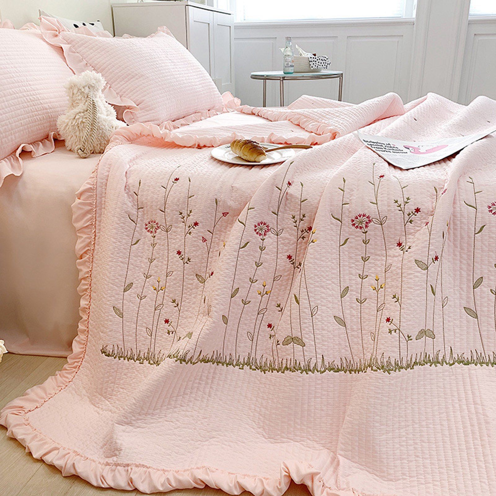 Cotton Quilt Pure Color Home Fashion Elegant Tencel Embroidery Pattern Cotton Summer Cooling Quilt Pink 1 X Sheet 245x250cm - Image 4
