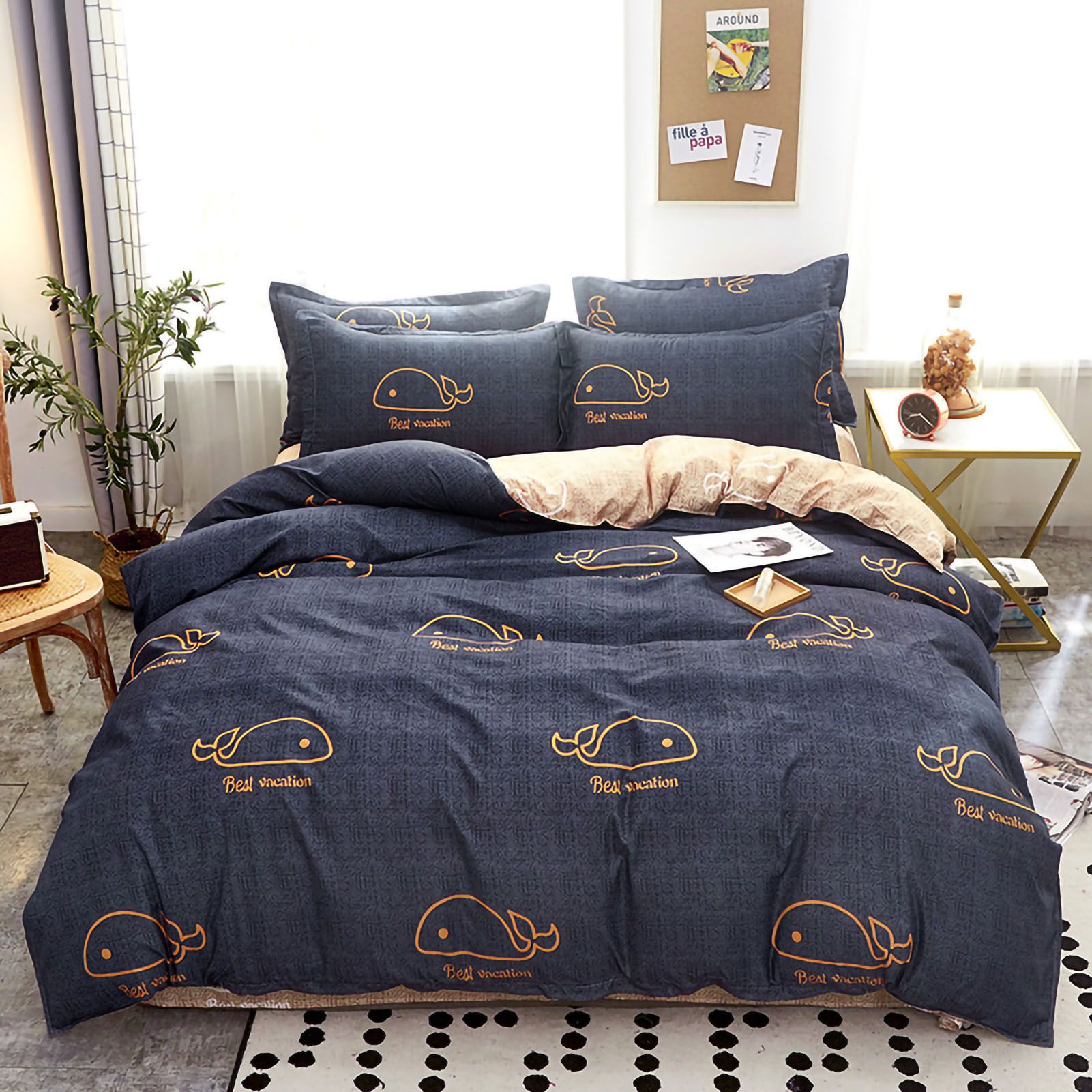 Skin Friendly Quilt Cover Thickened Polyester Soft Brushed Duvet Cover Quilt Bedding for Dormitory Bedroom Whale 180x220cm - Image 1