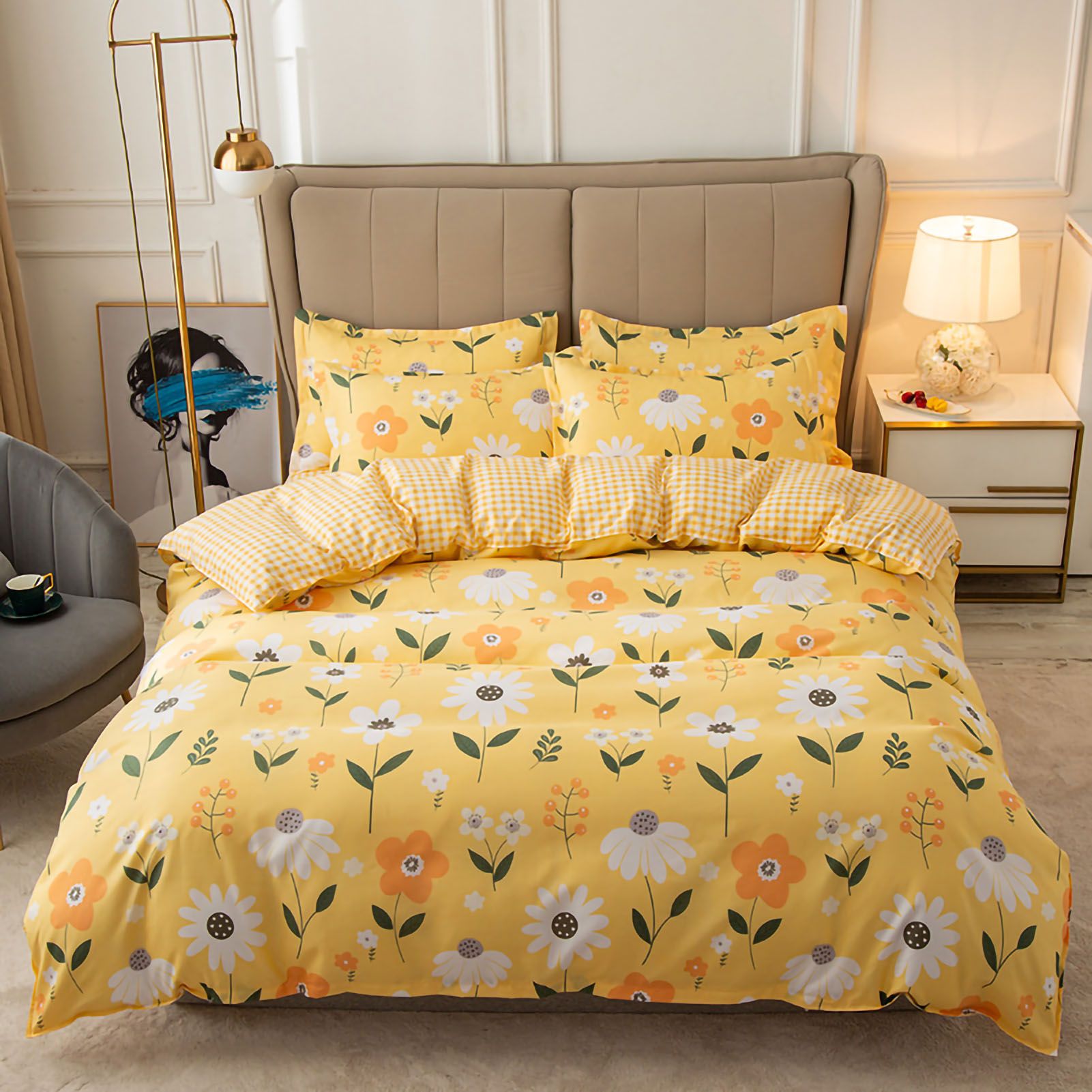 Skin Friendly Quilt Cover Thickened Polyester Soft Brushed Duvet Cover Quilt Bedding for Dormitory Bedroom Yellow Flowers 180x220cm - Image 1