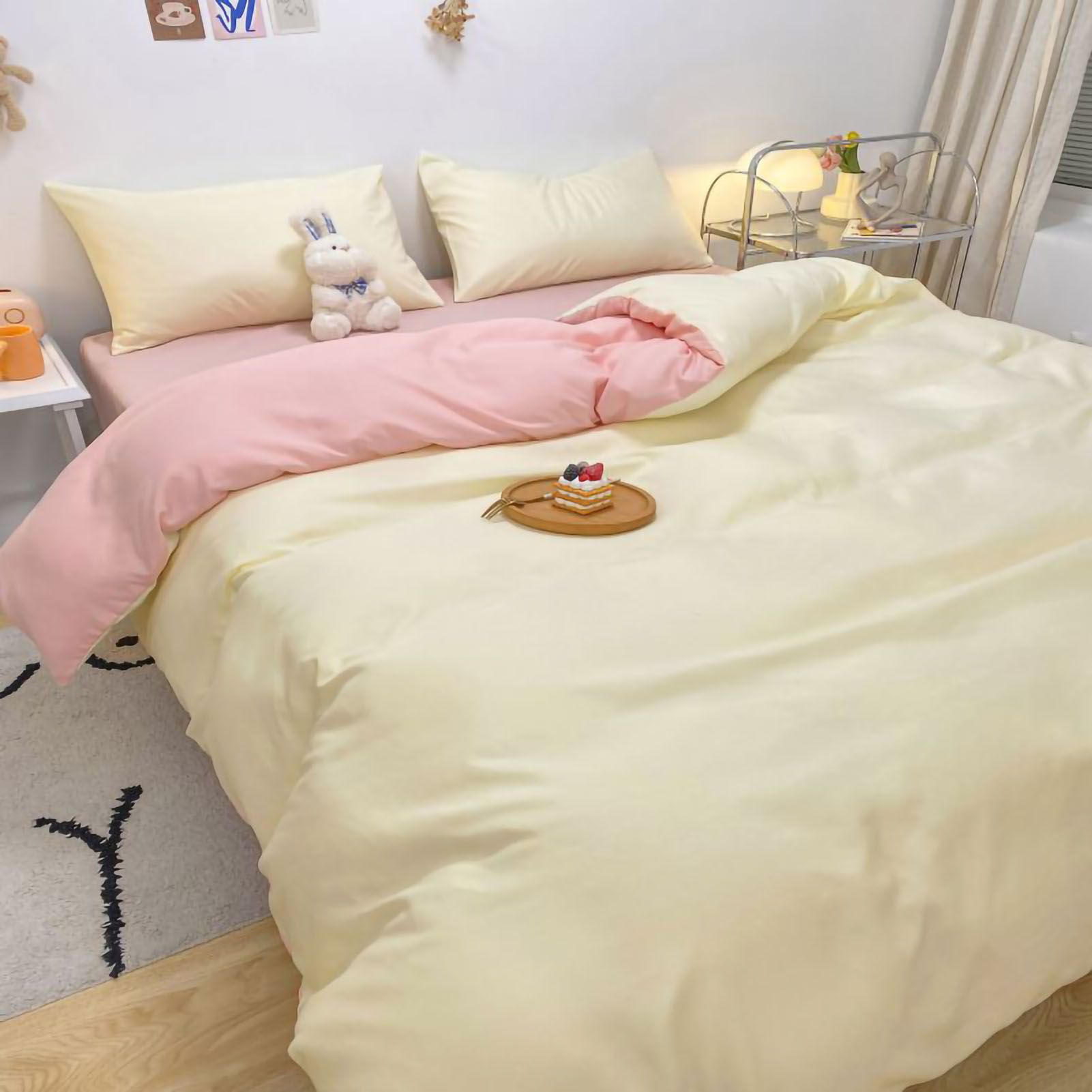 Solid Color Sheet Quilt Cover Pillow Cover Warm Breathable Washed Cotton Bed Sheet Set Creamy Pink 1.5m Four Piece Set - Image 1
