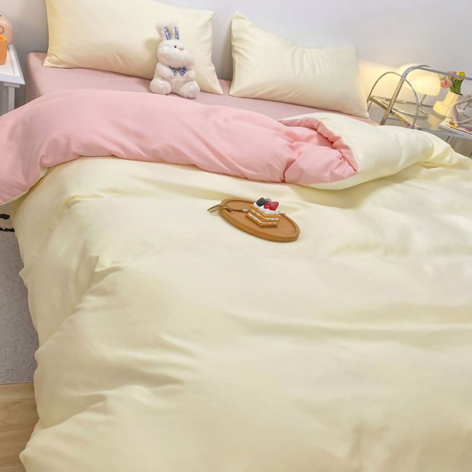 Solid Color Sheet Quilt Cover Pillow Cover Warm Breathable Washed Cotton Bed Sheet Set Creamy Pink 1.5m Four Piece Set - Image 3