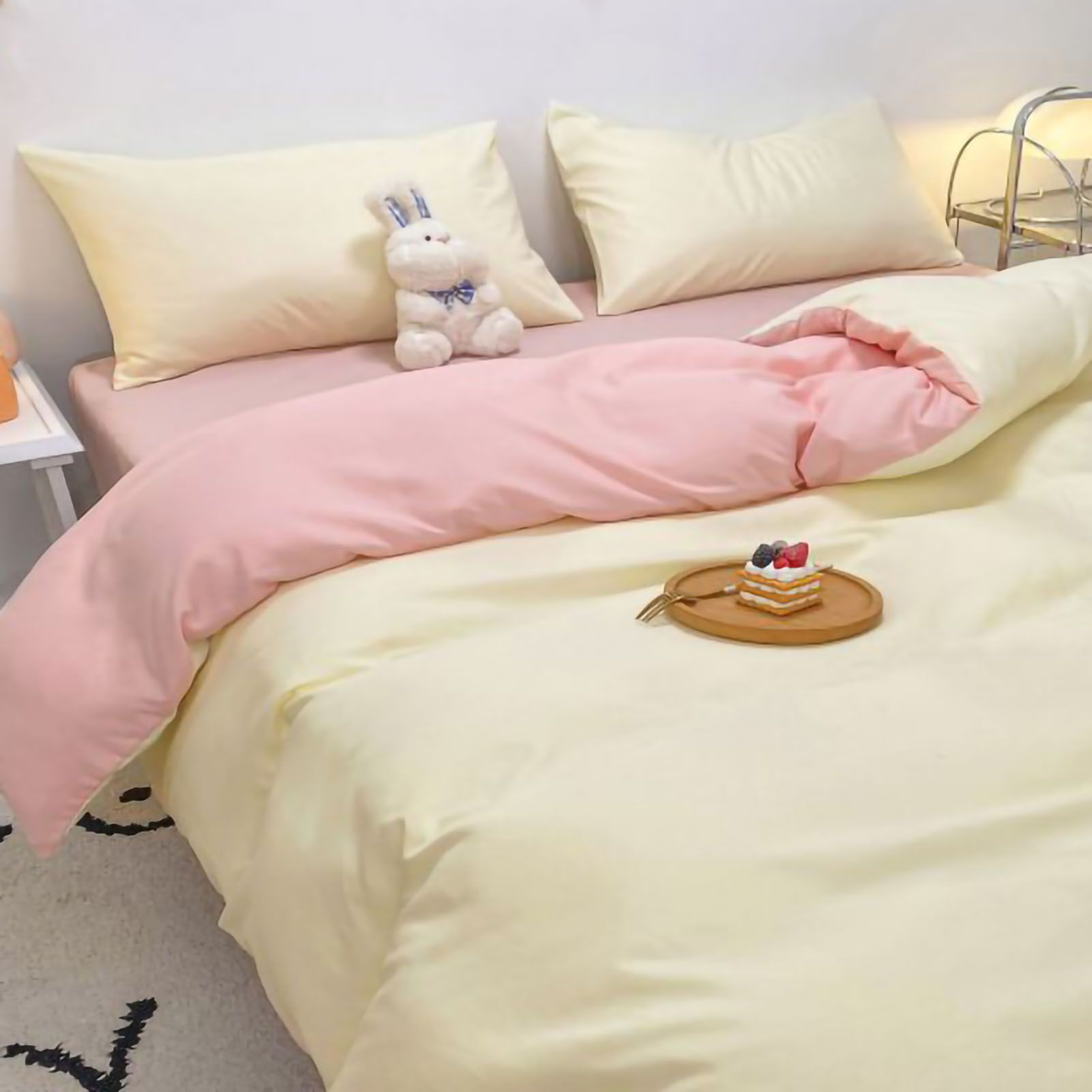 Solid Color Sheet Quilt Cover Pillow Cover Warm Breathable Washed Cotton Bed Sheet Set Creamy Pink 1.5m Four Piece Set - Image 5
