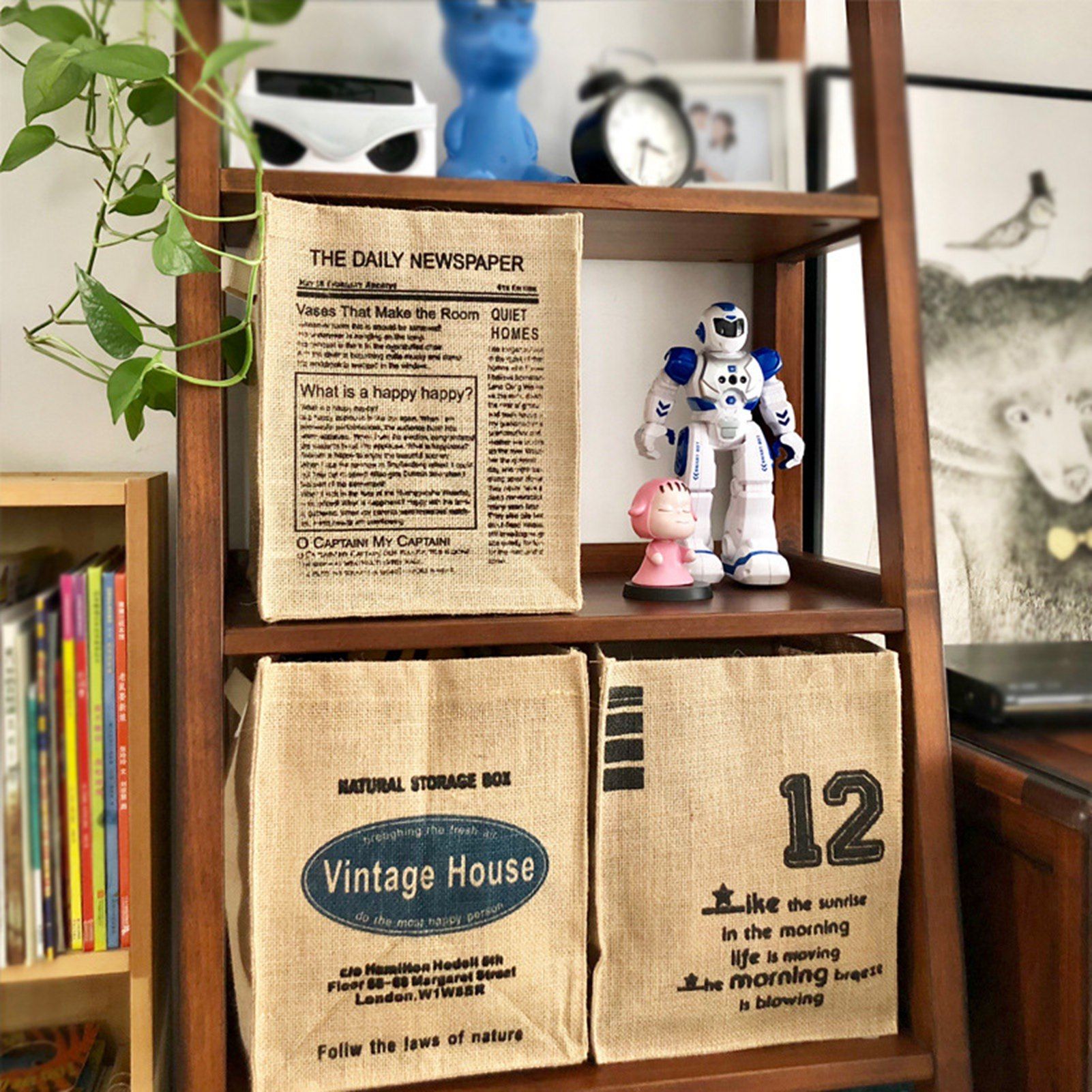 Jute Storage Box Foldable Waterproof Film Easy Cleaning Mild Texture Storage Basket for Home Office TDN Pattern - Image 2