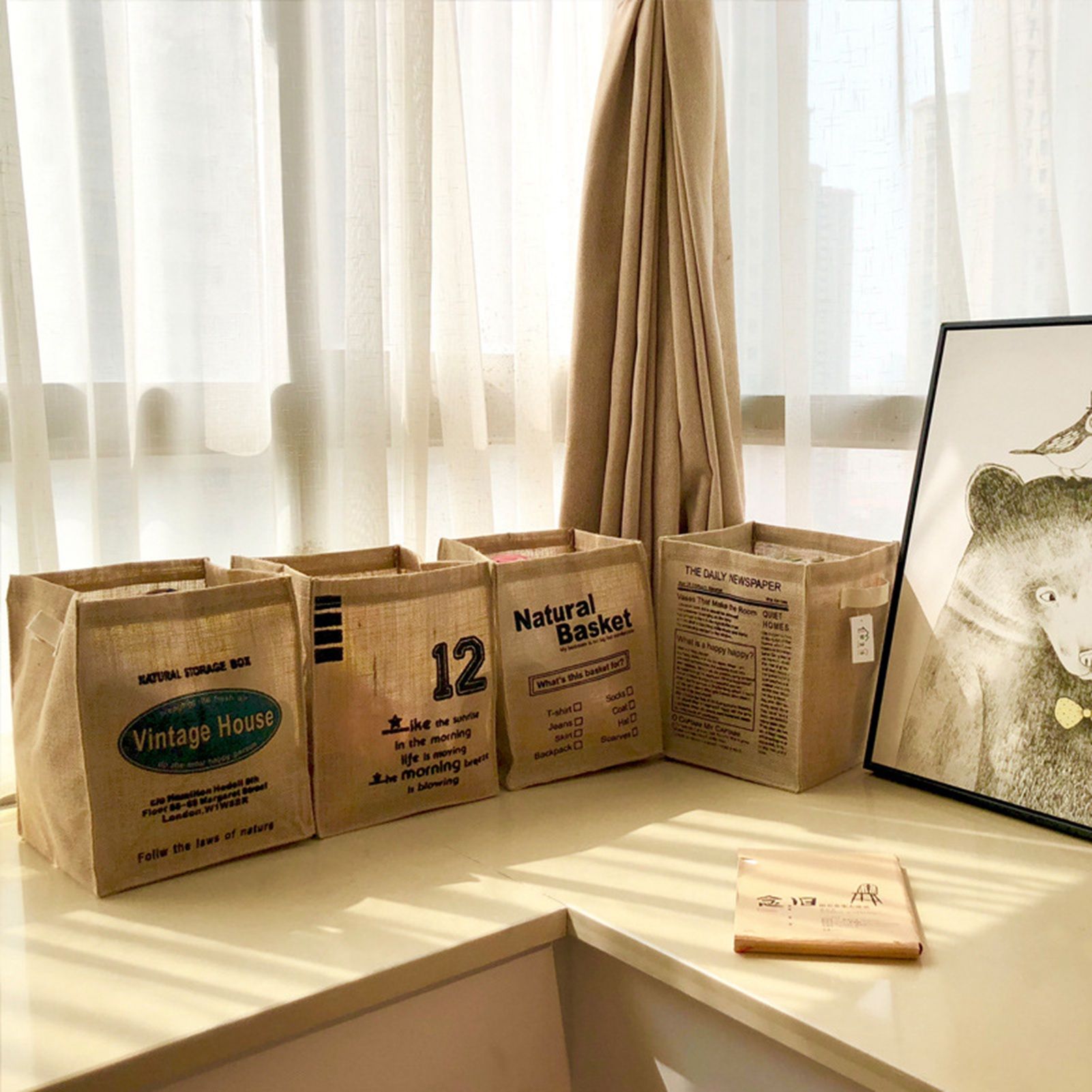 Jute Storage Box Foldable Waterproof Film Easy Cleaning Mild Texture Storage Basket for Home Office TDN Pattern - Image 3