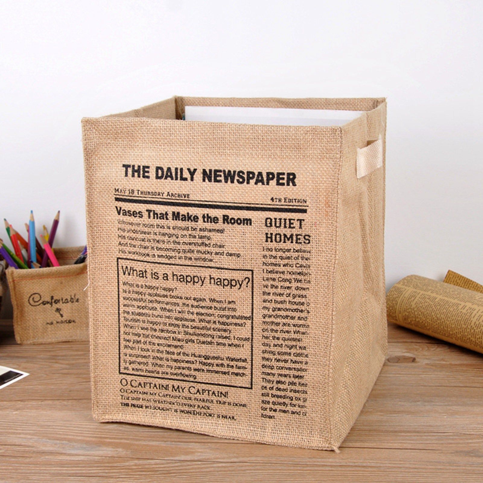 Jute Storage Box Foldable Waterproof Film Easy Cleaning Mild Texture Storage Basket for Home Office TDN Pattern - Image 4
