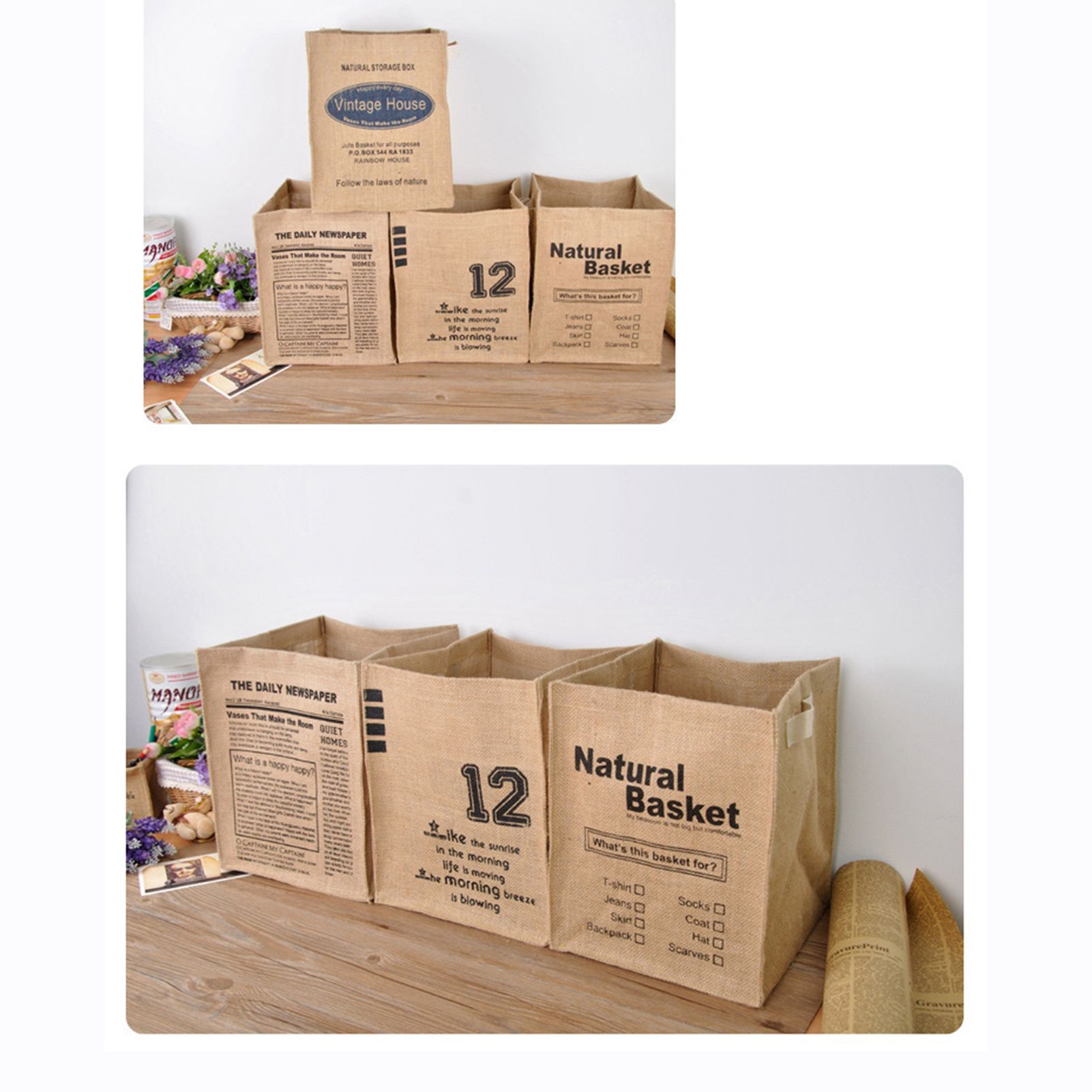 Jute Storage Box Foldable Waterproof Film Easy Cleaning Mild Texture Storage Basket for Home Office TDN Pattern - Image 5