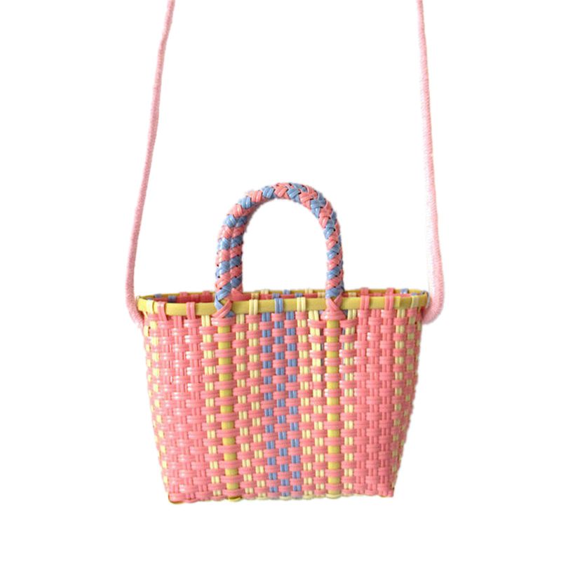 Woven Bag Colorful Plastic Strip Handle Small Cute Fashionable Square Bag for Summer Beach Light Pink - Image 1