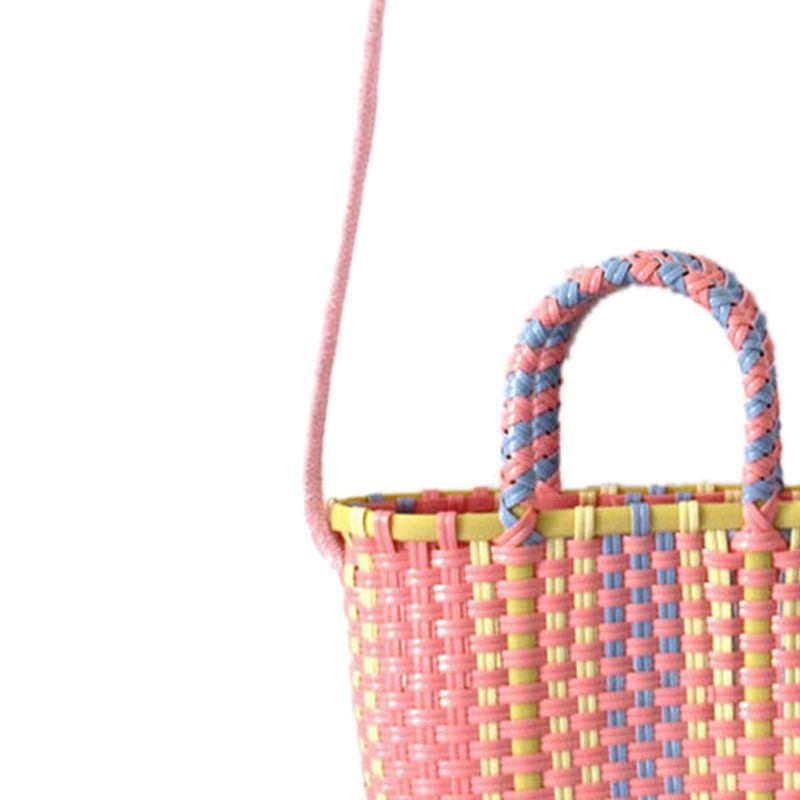 Woven Bag Colorful Plastic Strip Handle Small Cute Fashionable Square Bag for Summer Beach Light Pink - Image 2