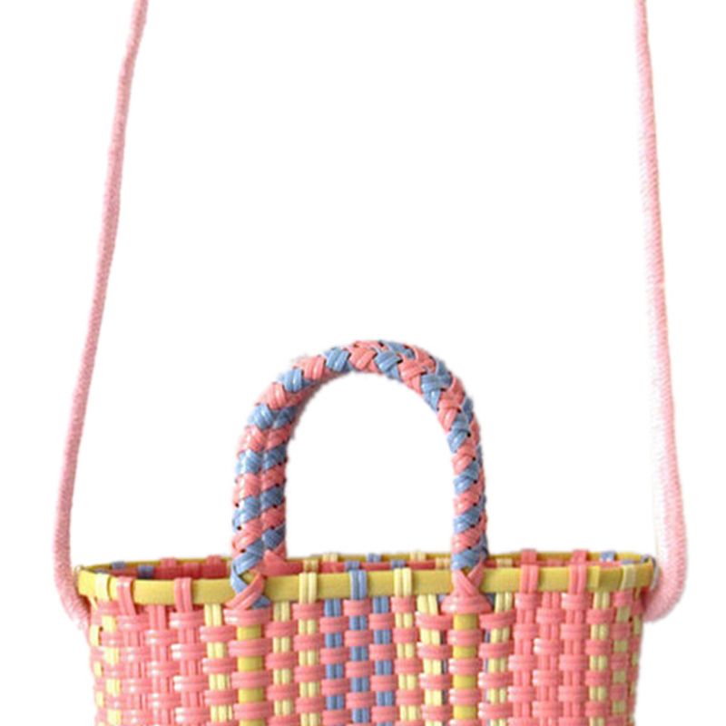 Woven Bag Colorful Plastic Strip Handle Small Cute Fashionable Square Bag for Summer Beach Light Pink - Image 3