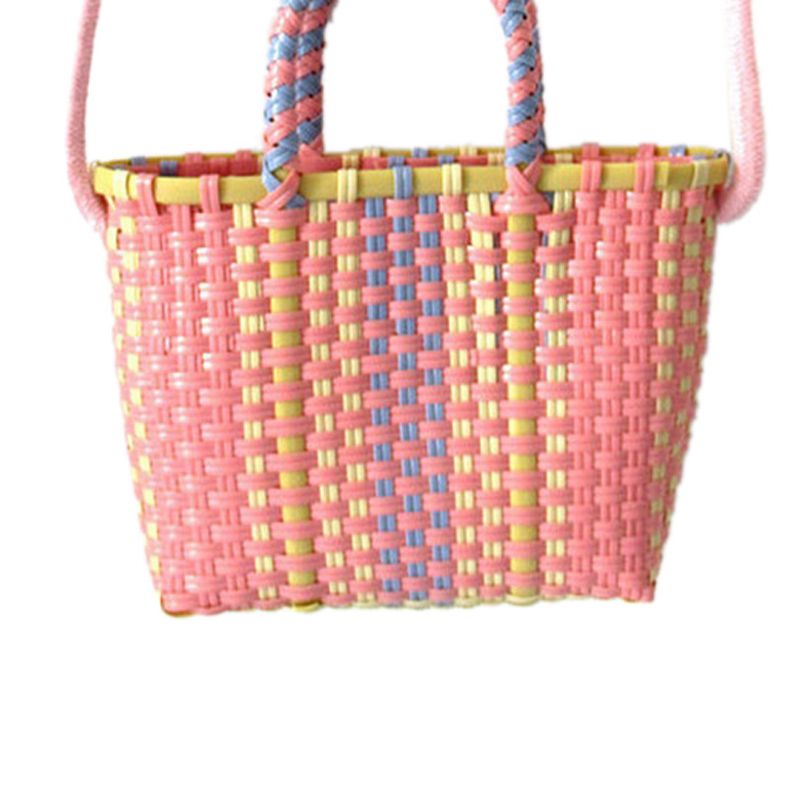 Woven Bag Colorful Plastic Strip Handle Small Cute Fashionable Square Bag for Summer Beach Light Pink - Image 4