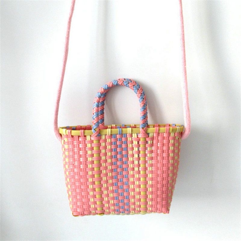 Woven Bag Colorful Plastic Strip Handle Small Cute Fashionable Square Bag for Summer Beach Light Pink - Image 5
