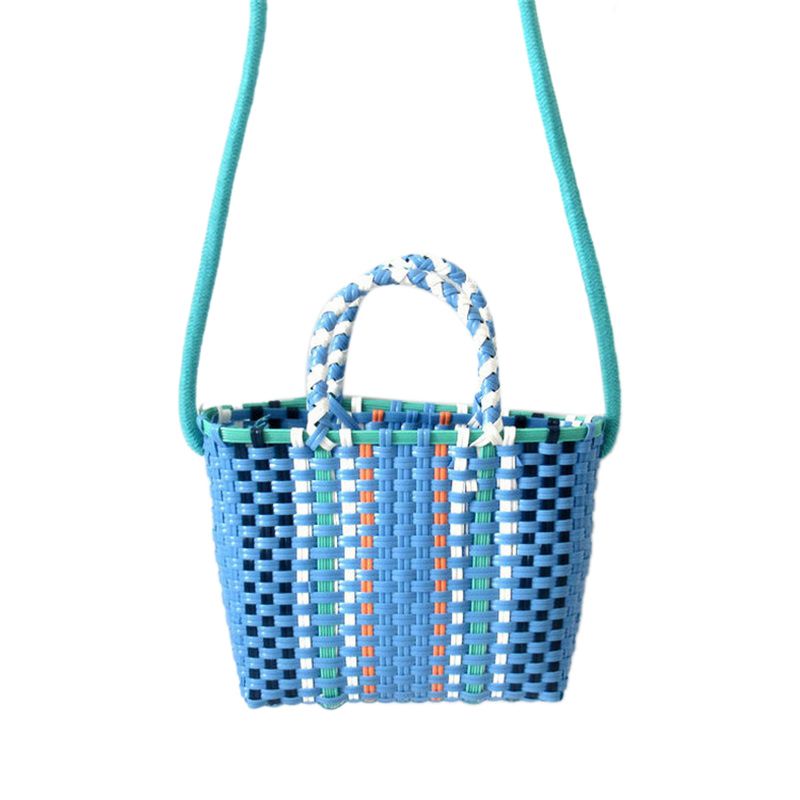 Woven Bag Colorful Plastic Strip Handle Small Cute Fashionable Square Bag for Summer Beach Sky Blue - Image 1