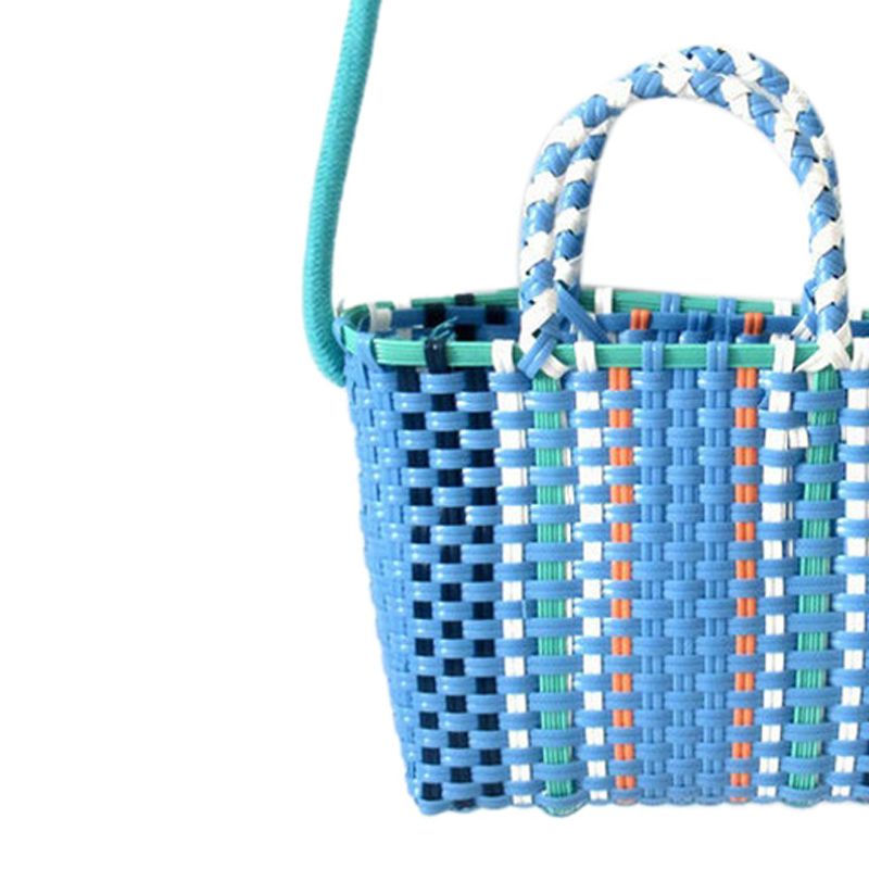 Woven Bag Colorful Plastic Strip Handle Small Cute Fashionable Square Bag for Summer Beach Sky Blue - Image 2