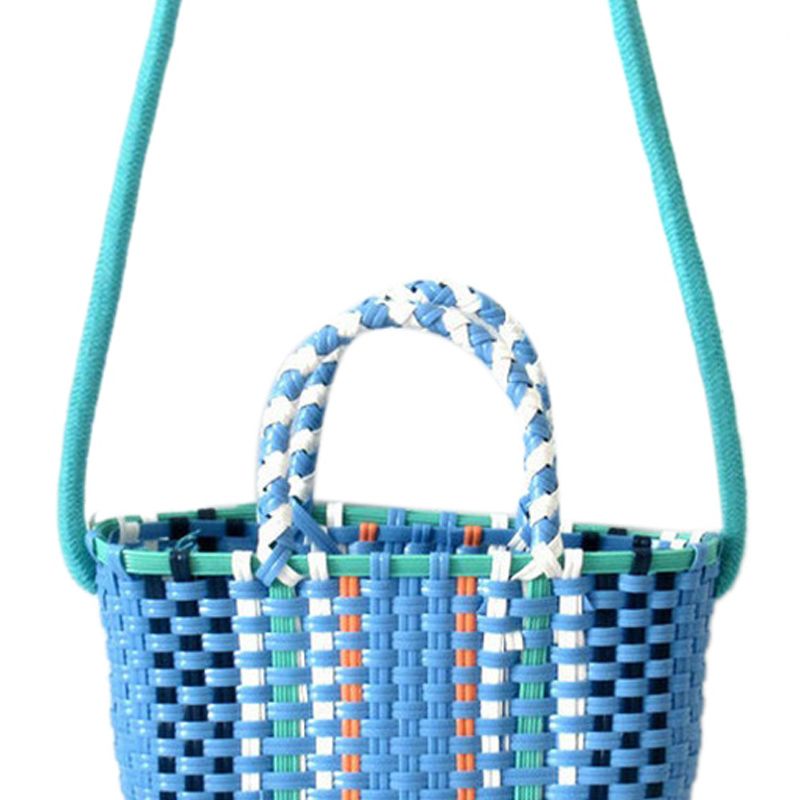 Woven Bag Colorful Plastic Strip Handle Small Cute Fashionable Square Bag for Summer Beach Sky Blue - Image 3