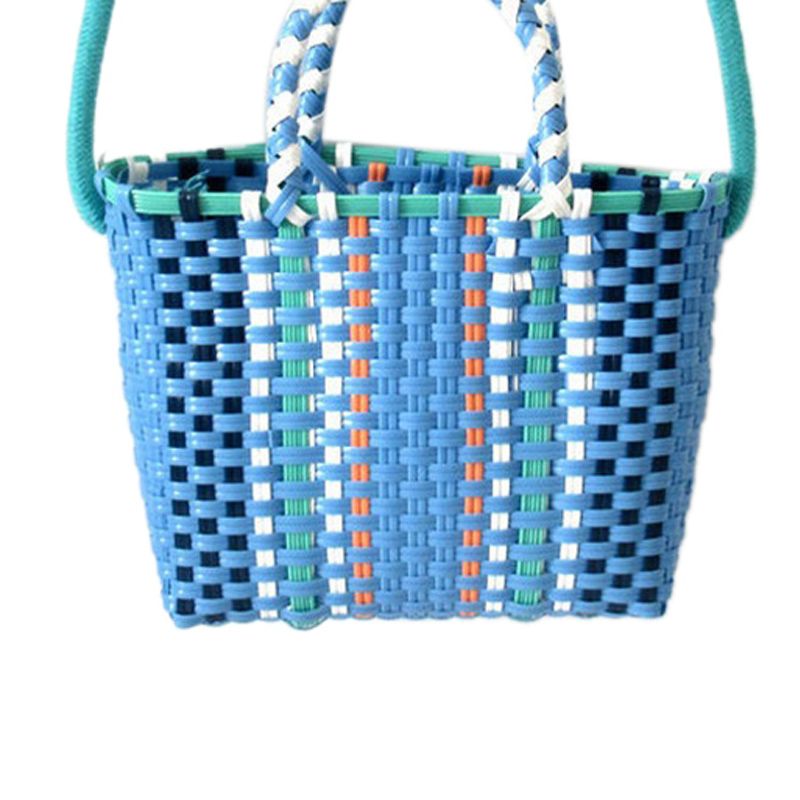Woven Bag Colorful Plastic Strip Handle Small Cute Fashionable Square Bag for Summer Beach Sky Blue - Image 4