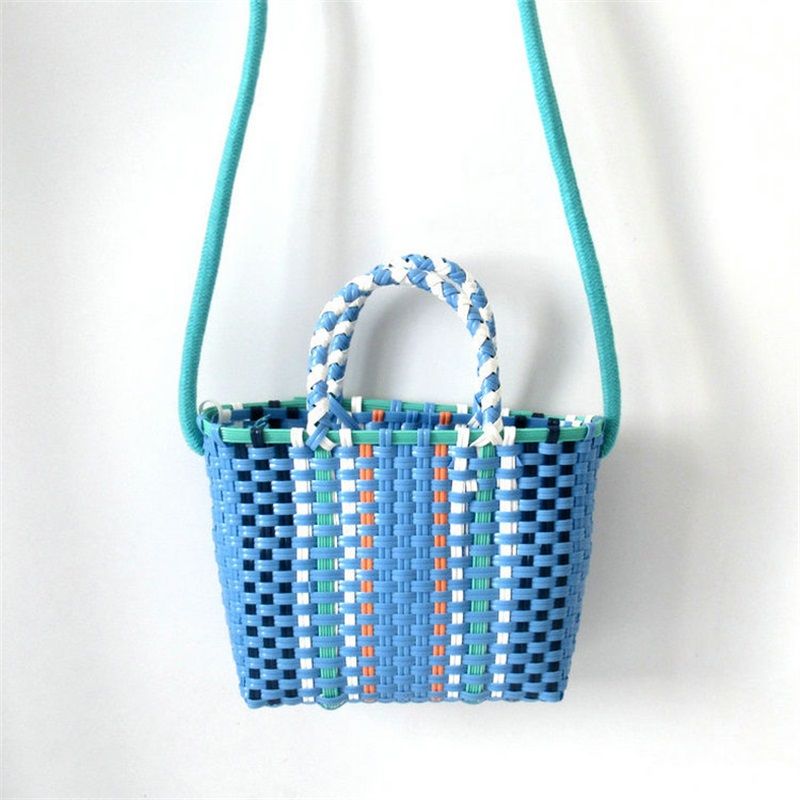 Woven Bag Colorful Plastic Strip Handle Small Cute Fashionable Square Bag for Summer Beach Sky Blue - Image 5