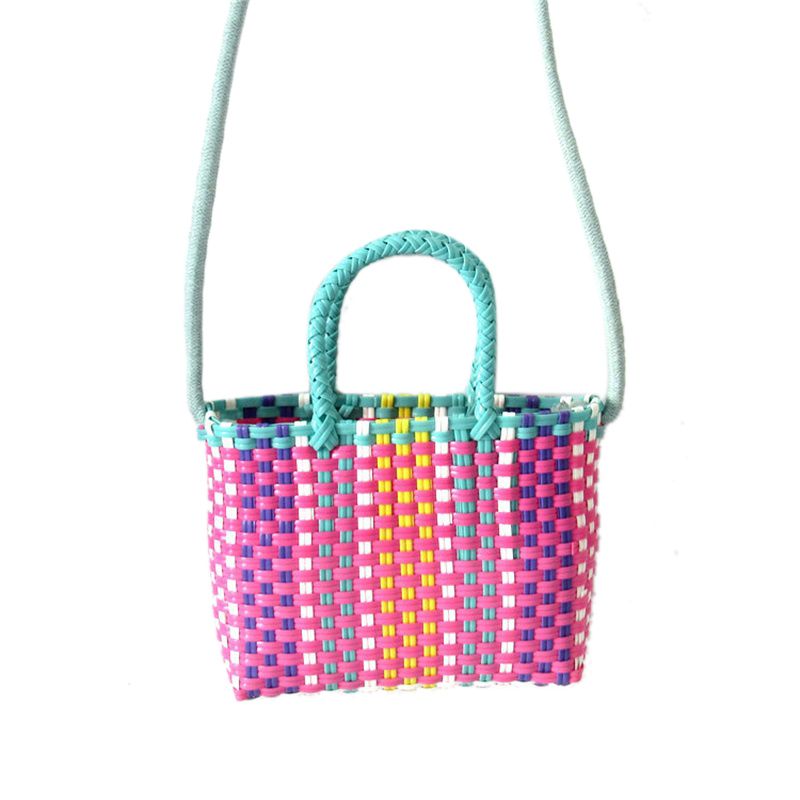 Woven Bag Colorful Plastic Strip Handle Small Cute Fashionable Square Bag for Summer Beach Green And Rose Red - Image 1