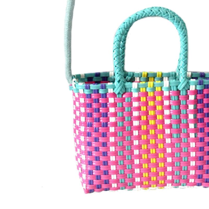 Woven Bag Colorful Plastic Strip Handle Small Cute Fashionable Square Bag for Summer Beach Green And Rose Red - Image 2
