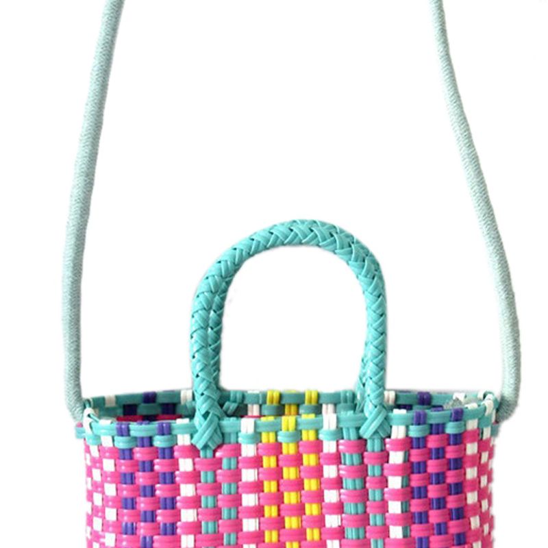 Woven Bag Colorful Plastic Strip Handle Small Cute Fashionable Square Bag for Summer Beach Green And Rose Red - Image 3